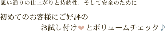 思い通りの仕上がりと持続性、そして安全のために 初めてのお客様にご好評のお試し付けとボリュームチェック♪